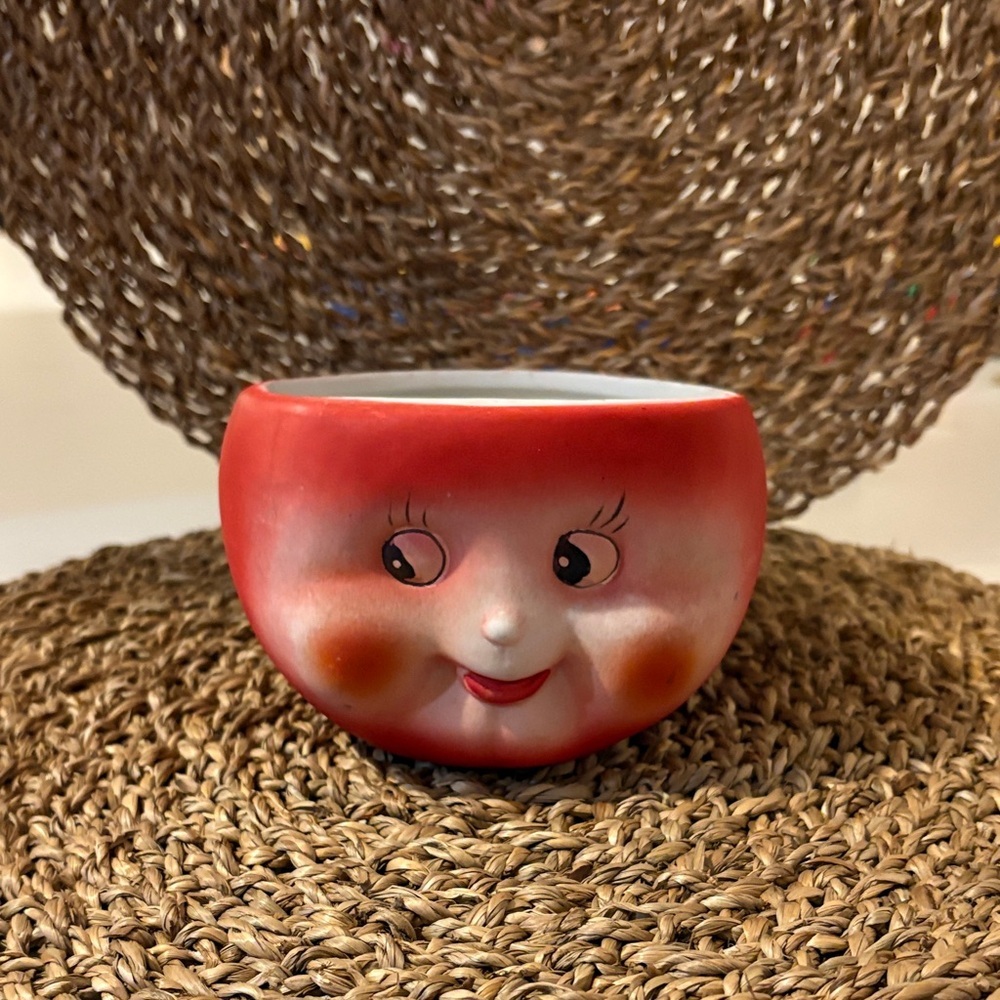 Rate VTG Anthropomorphic Apple Face Bowl Bisque Porcelain Candle Planter Base